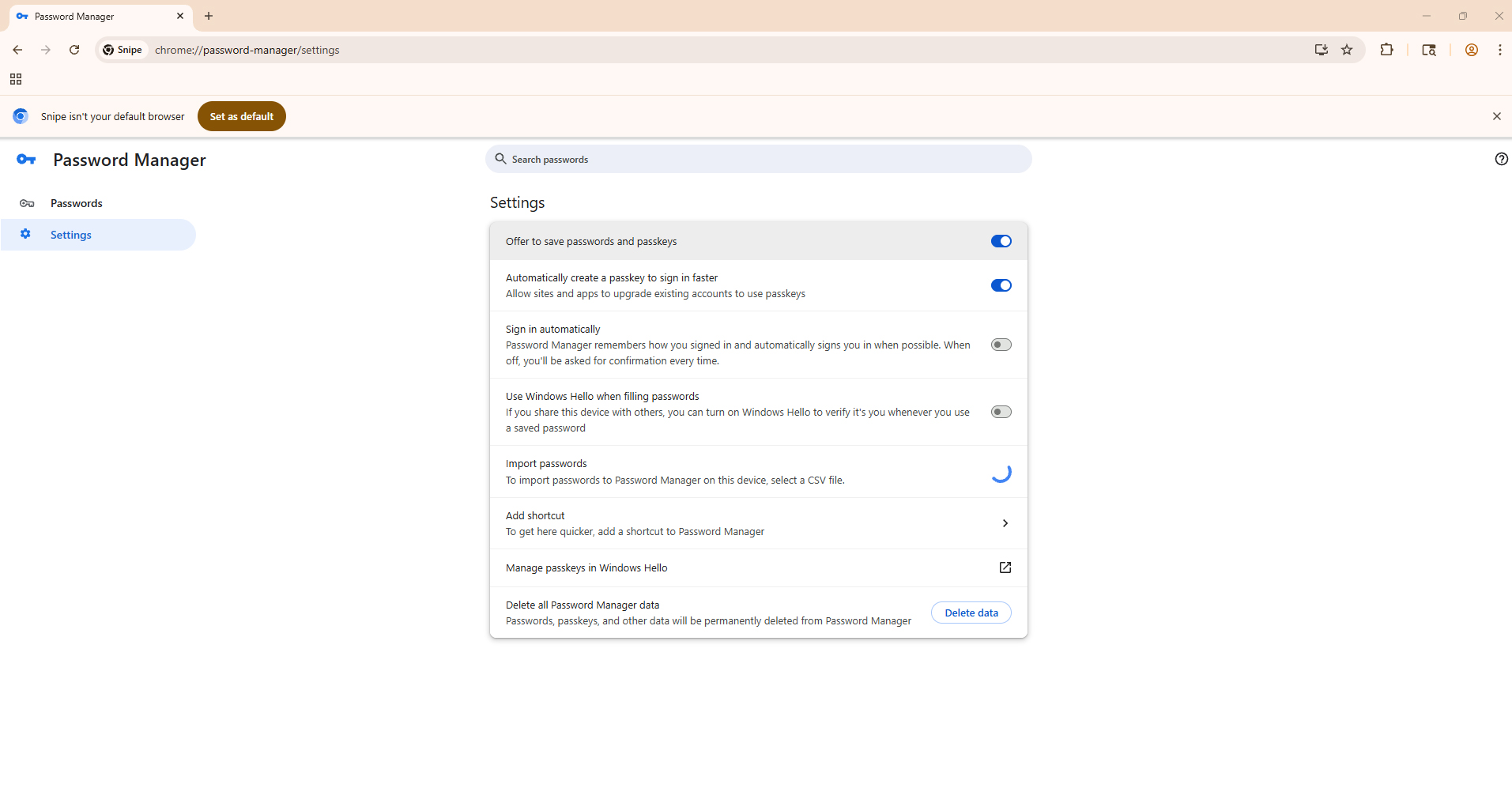 Snipe Password Manager settings showing Import passwords