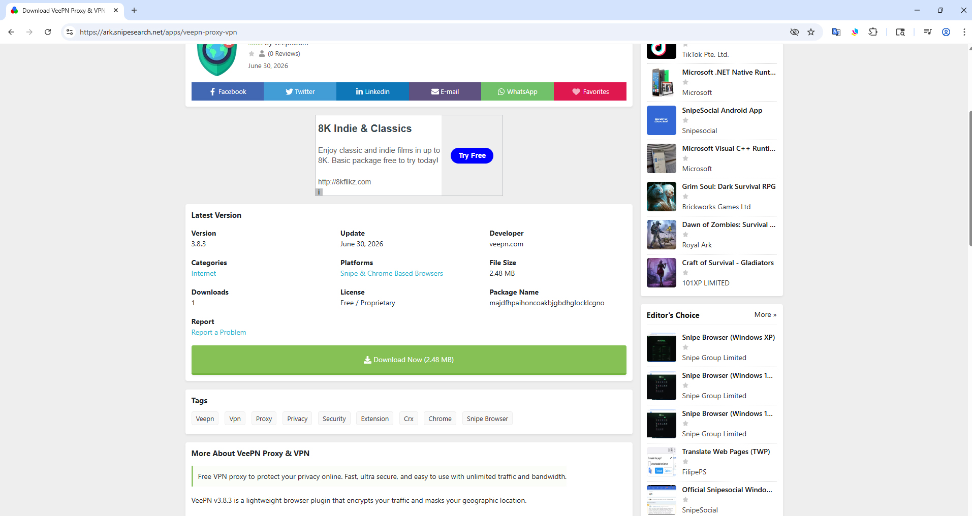 Ark extension page with Download Now button