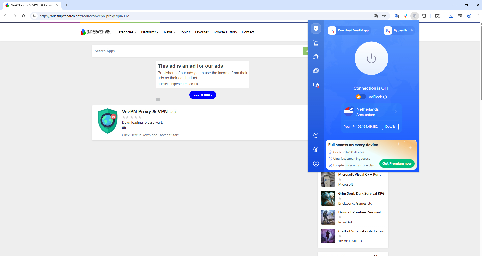 Installed VeePN extension popup in Snipe