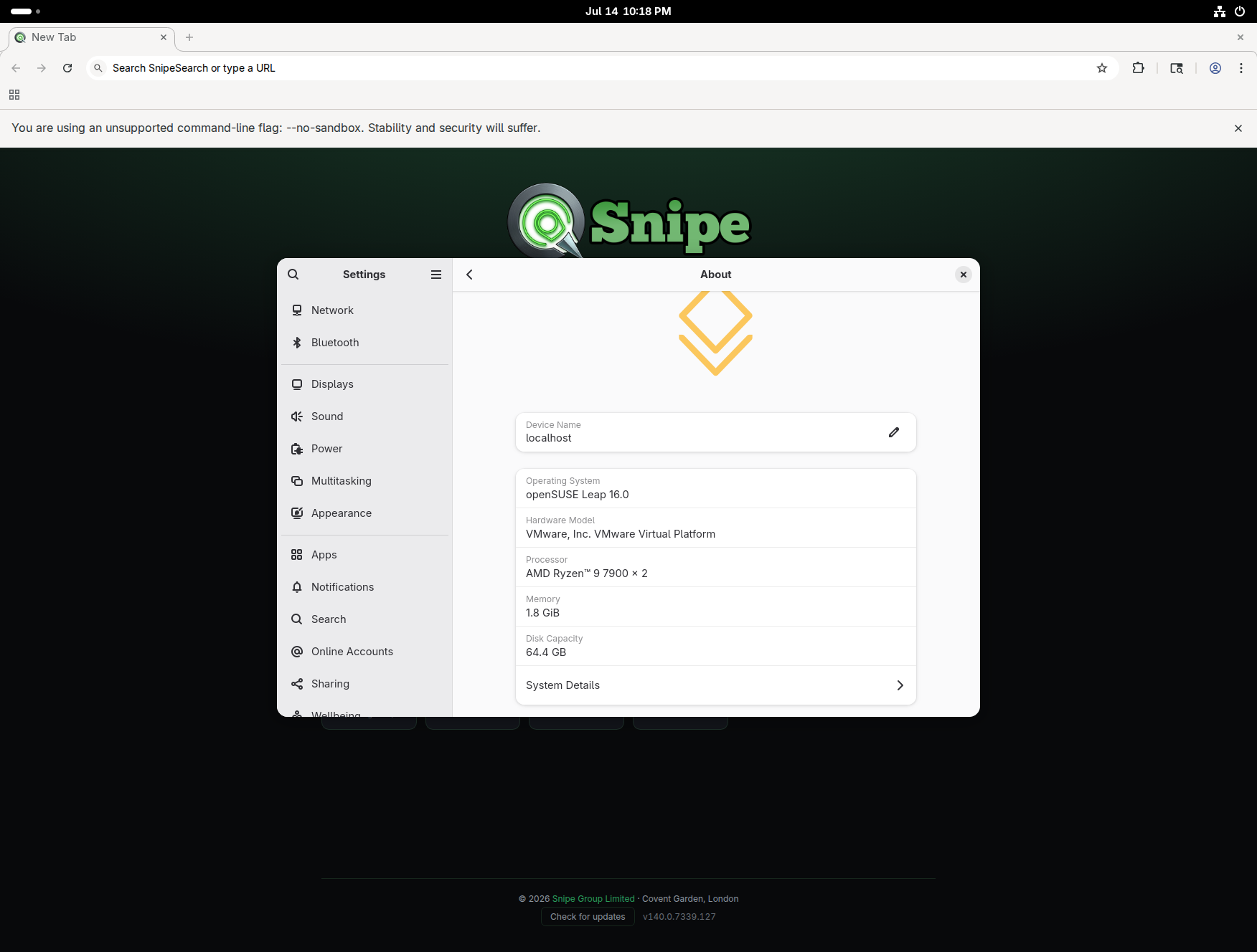 Snipe new tab on openSUSE Leap 16.0