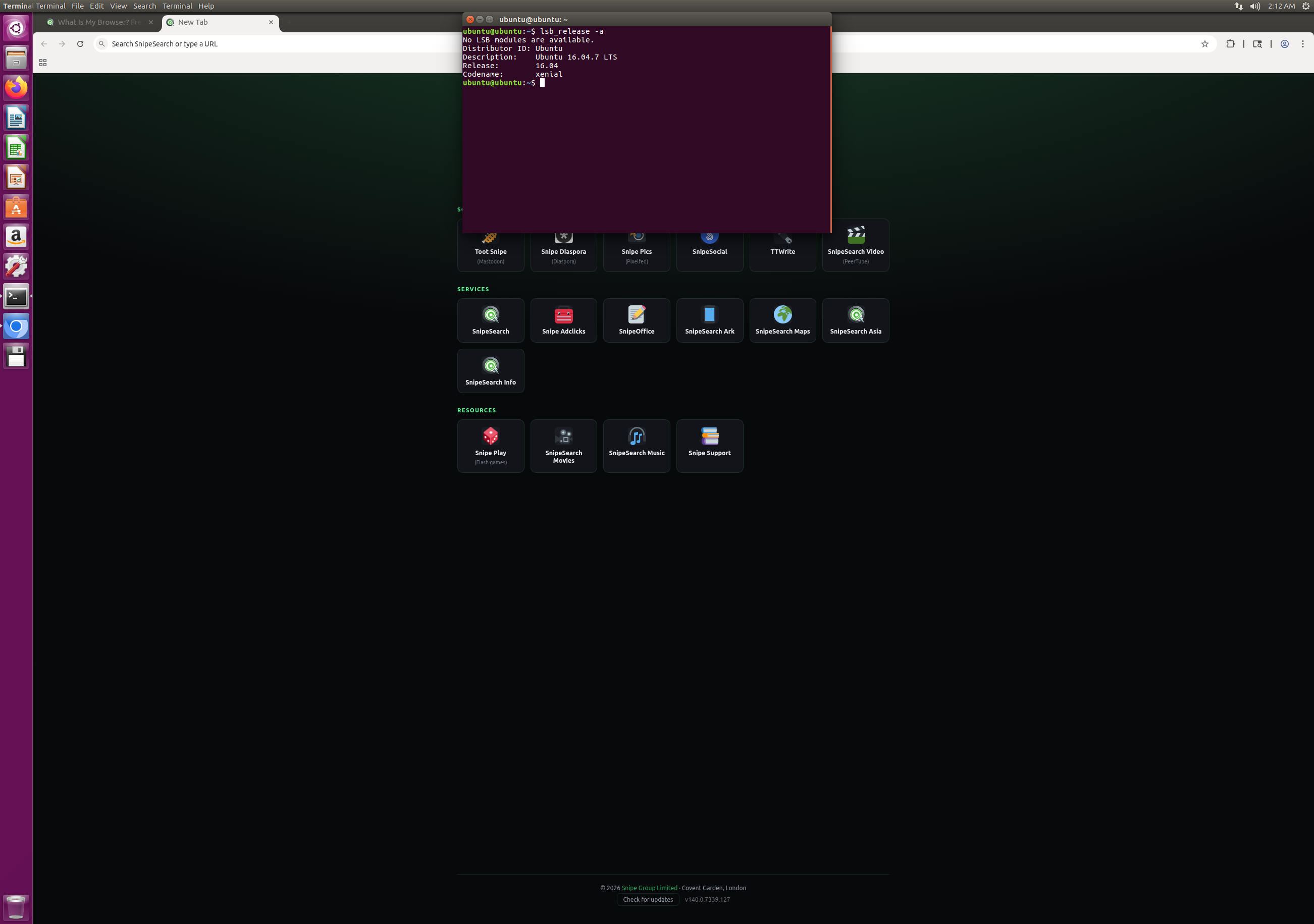 Snipe new tab on Ubuntu 16.04.7 LTS