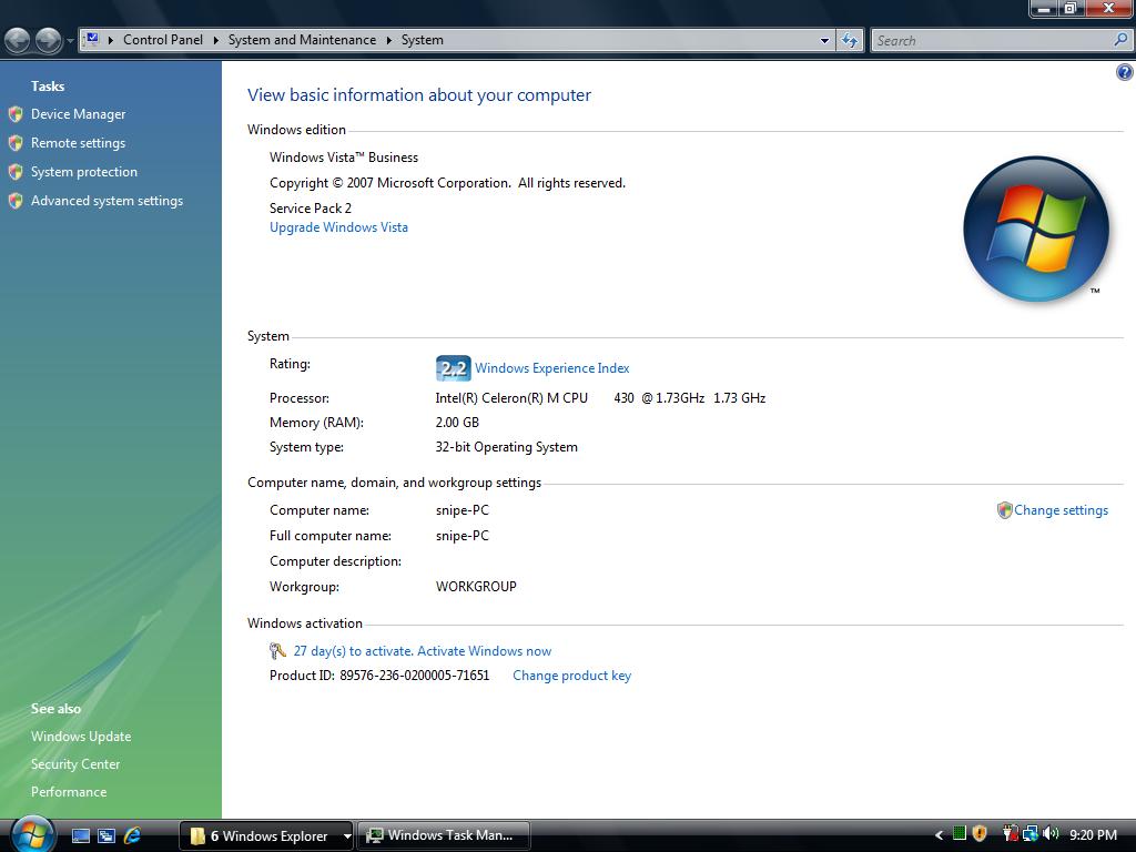 Windows Vista System Properties — Celeron M 1.73 GHz, 2 GB RAM, Experience Index 2.2